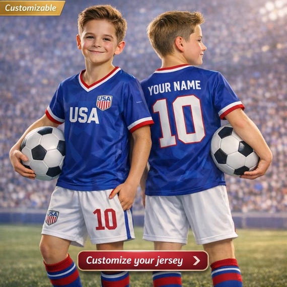 Personalized USA Soccer Jersey, Custom Name Number Football Uniform, Blue American Flag Shorts