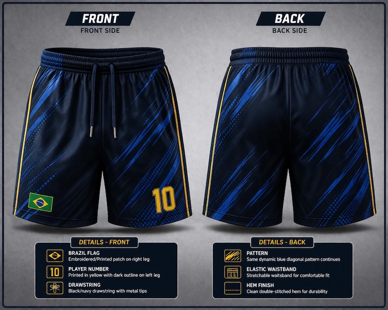 Op de afbeelding: Marineblauwe voetbalshort met een blauw diagonaal patroon en gele accenten. Voorzien van het nummer 10 in geel, een Braziliaanse vlagpatch en een trekkoord. De achterkant heeft hetzelfde patroon en een elastische tailleband.