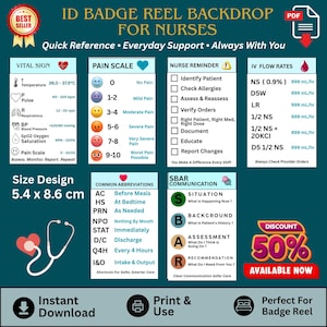 Peut inclure: Un fond numérique pour porte-badge d'infirmier présentant des tableaux de référence médicale, notamment les signes vitaux, l'échelle de douleur, les rappels, les débits IV, les abréviations et la communication SBAR. Dimensions : 5,4 x 8,6 cm.