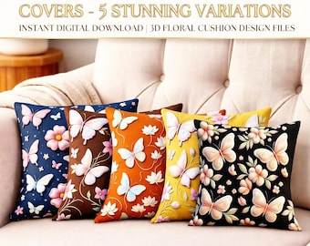 Paquete de diseño de almohada con diseño floral de mariposas en 3D, archivos PNG de cojines estilo cottagecore (descarga digital)