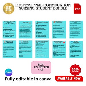 Könnte beinhalten: Ein Bundle mit professionellen Kommunikationsvorlagen für Krankenpflegeschüler. Enthält editierbare Canva-Vorlagen, sofort nutzbare PDF-Dateien und einen Leitfaden zur Krankenpflegekommunikation. Erhältlich in US Letter und A4.