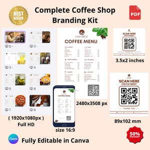 Kit de imagen corporativa para cafetería: menú digital, código QR, letreros de pago (descarga digital)