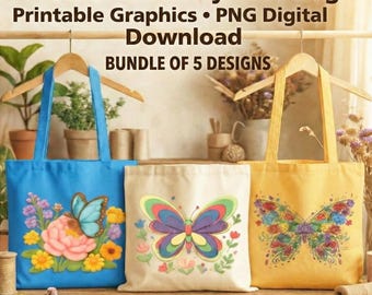 Bolsa de mano con diseño de mariposas y flores, sublimación PNG (descarga digital)