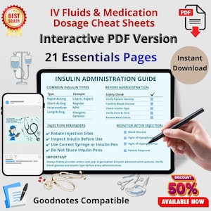 May include: Digital IV Fluids and Medication Dosage Cheat Sheets in an interactive PDF format with 21 pages. The document features an Insulin Administration Guide with sections for common insulin types, safety checks, injection reminders, and monitoring.