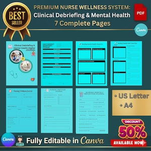 May include: A digital PDF document titled "Premium Nurse Wellness System: Clinical Debriefing & Mental Health" with 7 complete pages. The document is fully editable in Canva and includes forms and journals for nurses. A "Best Seller" badge is displayed.