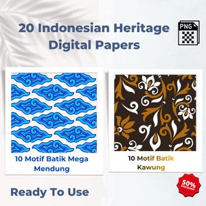 Op de afbeelding: Digitale papier set met 20 Indonesische erfgoed ontwerpen. De afbeelding toont twee voorbeeldpatronen: blauwe wolkenmotieven en bruine en witte bloempatronen. Tekst bevat "20 Indonesian Heritage Digital Papers", "10 Motif Batik Mega Mendung" en "10 Motif Batik Kawung".