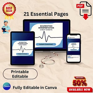 May include: A digital set of 21 essential ECG and rhythm interpretation cheat sheets displayed on a laptop, tablet, and smartphone screen. The screens feature a blue and white design with a black heart rhythm line and the text Instant Download.