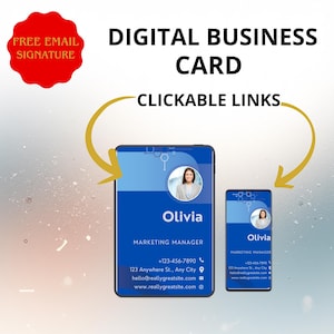 May include: Digital business card design featuring a blue and white color scheme. The card includes the name "Olivia", contact information, and the title "Marketing Manager". The design also includes the text "CLICKABLE LINKS" and "FREE EMAIL SIGNATURE".