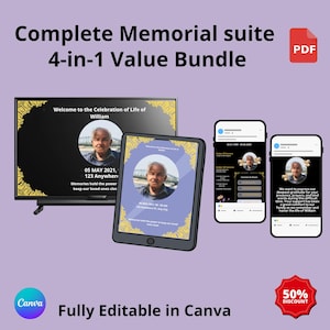 Könnte beinhalten: Ein komplettes Gedenk-Suite-Bundle, einschließlich eines Fernsehbildschirms, eines Tablets und zwei Smartphone-Displays. Die Bildschirme zeigen eine Gedenkfeier-Ankündigung mit Foto, Datum und Ort. Der Text lautet "Complete Memorial suite 4-in-1 Value Bundle".