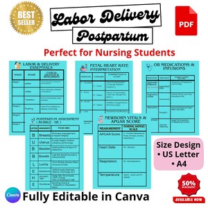 Puede incluir: Un PDF digital para estudiantes de enfermería, con información detallada sobre el trabajo de parto, el parto y la atención posparto. Incluye gráficos sobre la interpretación de la frecuencia cardíaca fetal, los signos vitales del recién nacido y los medicamentos. Diseño en tamaño US Letter y A4, con un 50% de descuento.