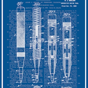 May include: Detailed blueprint of a United States Patent Office document, dated February 9, 1926, showcasing an impression-making tool designed by A.J. Seiler. The technical drawing is in blue and white, with detailed annotations and diagrams.