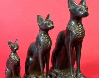 Handmade Bastet Mythology Replica Set, Egyptian Basalt Cat Statues