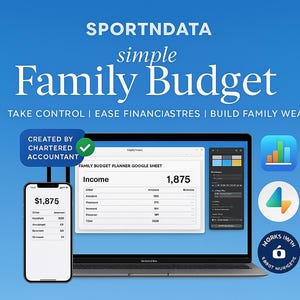 May include: A digital mockup of a family budget planner, displayed on a laptop and a smartphone. The screen shows financial data with the text "Family Budget" and "Income". The background is a gradient blue.