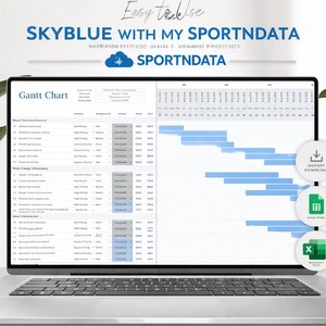 May include: A laptop screen shows a Gantt chart with blue progress bars. The text "SKYBLUE WITH MY SPORTNDATA" and "SPORTNDATA" is displayed. There are also icons for instant download. The laptop is on a white surface.