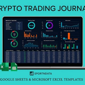 May include: A laptop screen displaying a "CRYPTO TRADING JOURNAL" with charts and data visualizations. The screen shows a monthly report with various graphs and numerical data. The image also includes Excel and Google Sheets icons, and the Sportndata logo.
