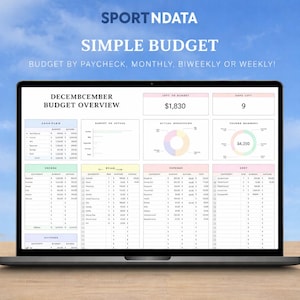 May include: A laptop displaying a budget overview with the text "SPORT NDATA" and "SIMPLE BUDGET". The screen shows financial data, including income, expenses, and budget breakdowns. The text "BUDGET BY PAYCHECK, MONTHLY, BIWEEKLY OR WEEKLY!" is also visible.