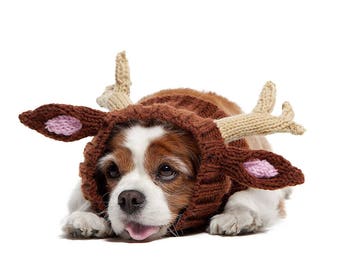 Reindeer Dog Snood | Knit Crochet Dog Hat with Antlers | Easter Dog Costume | Ear Warmer