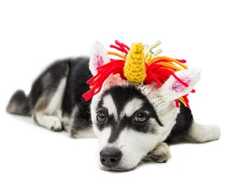 Unicorn Dog Snood | Knit Crochet Dog Hat | Dog Costume | Winter Scarf | Ear Warmer