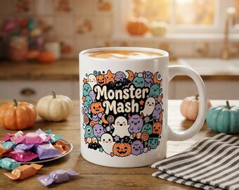 Monster Mash Halloween Mug, Kawaii Monsters Coffee Cup, Playful Spooky Season Drinkware