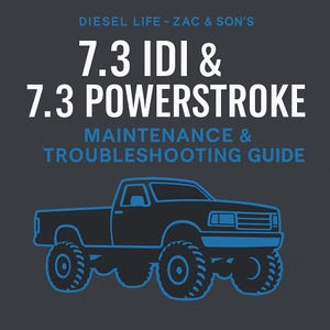 Può includere: Grafica grigio scuro con il testo "DIESEL LIFE - ZAC & SON'S" in alto. Sotto, il testo recita "7.3 IDI & 7.3 POWERSTROKE MAINTENANCE & TROUBLESHOOTING GUIDE". Un contorno blu di un camion è in basso.