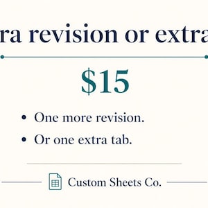 Könnte beinhalten: Eine digitale Grafik mit dunkelblauem Text, der Extra revision or extra tab lautet, gefolgt von dem Text $15 und Aufzählungspunkten mit One more revision und Or one extra tab. Unten erscheint der Text Custom Sheets Co. mit einem Symbol.