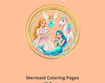 Può includere: Copertina di un libro da colorare digitale con il testo "Fun Coloring Pages" e "Mermaid Coloring Pages". La copertina presenta illustrazioni di una sirena, una fata, un unicorno e una donna che tiene un gatto. Il libro è progettato per bambini dai 4 agli 8 anni.