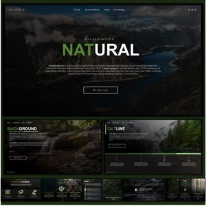 Könnte beinhalten: Eine digitale Präsentationsvorlage mit einem dunkelgrünen und schwarzen Design. Die Hauptfolie zeigt das Wort "NATURAL" in Grün vor einem Landschaftshintergrund. Weitere Folien sind mit "BACKGROUND" und "OUTLINE" beschriftet.