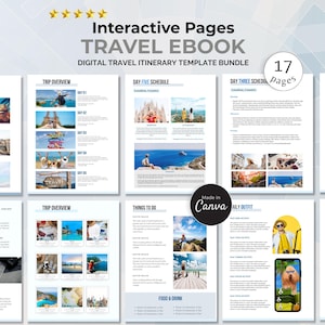 Puede incluir: Un paquete de plantillas de itinerario de viaje digital titulado Interactive Pages Travel Ebook, que consta de 17 páginas. El diseño incluye secciones para resúmenes de viajes, horarios diarios, atracciones y atuendos con espacios para fotos.
