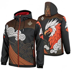 Könnte beinhalten: Schwarze und braune Kapuzenjacke mit rotem Innenfutter. Die Jacke hat ein detailliertes Design eines stilisierten Vogels mit orangefarbenen und weißen Federn auf dem Rücken sowie Wolken- und Wellenmustern auf der Vorderseite. Mit Reißverschluss.