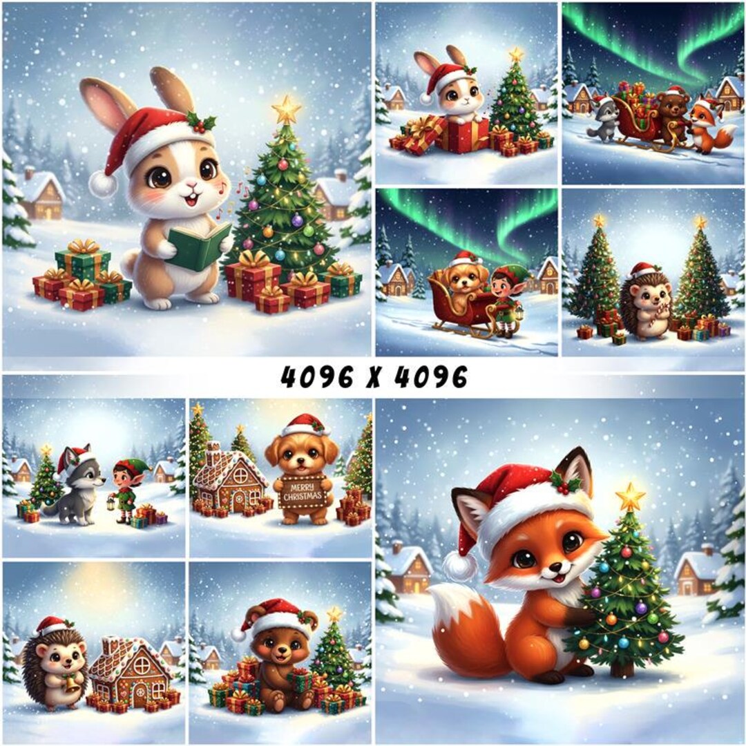 Kawaii Christmas Animal Clipart Bundle | Holiday PNG (digital Download ...