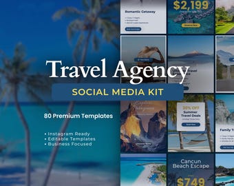 Titulo: Travel Agency Social Media Kit – 80 Canva Templates for Instagram