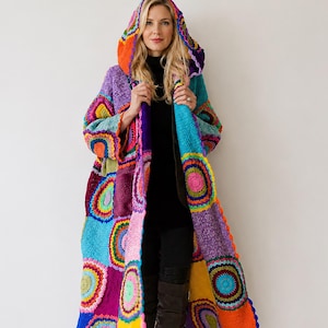 Cardigã com capuz plus size, casaco boho de fios coloridos, suéter oversized