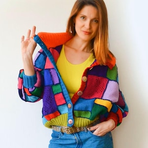 Oversized Patchwork Crochet Cardigan - Slouchy Knit Sweater