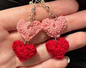 Crochet Heart Dangle Earrings, Valentine's Day Jewelry