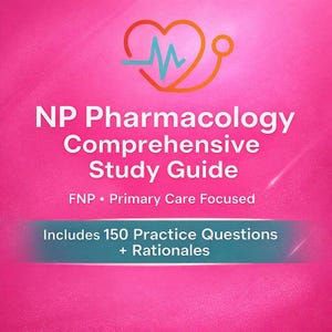 May include: A pink book cover with the title "NP Pharmacology Comprehensive Study Guide" in white text. The cover includes a heart and EKG graphic, and the text "FNP • Primary Care Focused" and "Includes 150 Practice Questions + Rationales."