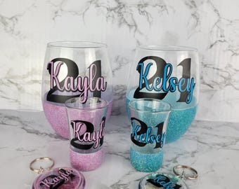 Personalized Glitter Birthday Wine Glass Set | Custom Name & Age