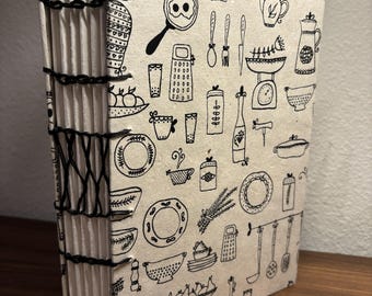 cooking/kitchen themed coptic and french link stitch hand-bound sketchbook