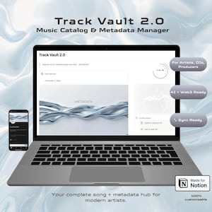 May include: A laptop and smartphone display the "Track Vault 2.0" interface, a music catalog and metadata manager. The laptop screen shows a white interface with the word "METADATA" and the text "Your complete song + metadata hub for modern artists."