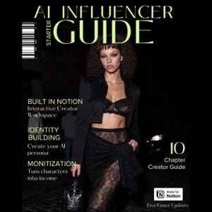 May include: A digital guide cover titled AI INFLUENCER STARTER GUIDE featuring a person in a black lace bralette, matching lace skirt, and black jacket. Text includes BUILT IN NOTION, IDENTITY BUILDING, MONITIZATION, and 10 Chapter Creator Guide.