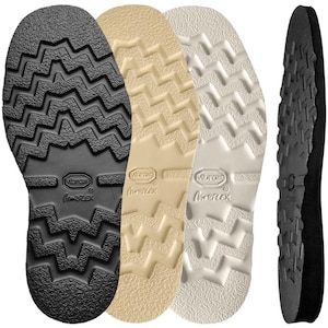 May include: A selection of Vibram sole units in black, beige, and cream. The soles have a textured, lugged design for grip, with Vibram and Morflex branding. A side profile of a black sole is also visible.