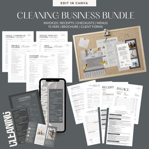 May include: A collection of cleaning business documents, including invoices, checklists, and menus. The image shows a corkboard with printed materials, a smartphone displaying a cleaning service template, and various printed documents. The text "CLEANING BUSINESS BUNDLE" is visible.