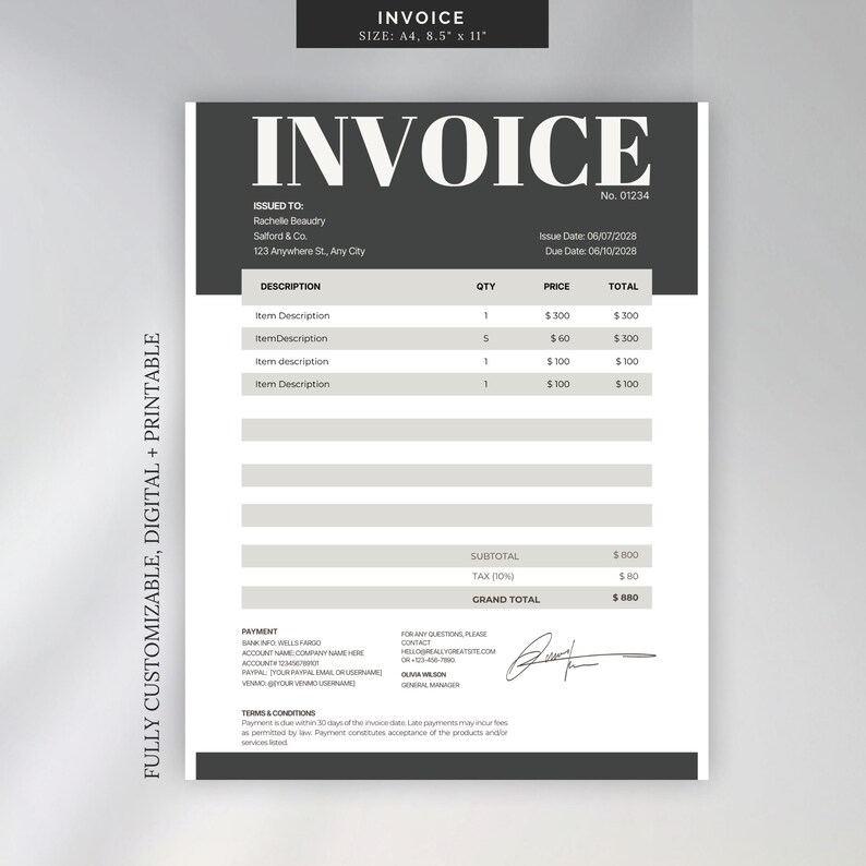 Editable Invoice Template Canva | Modern Professional Invoice | A4 & US ...