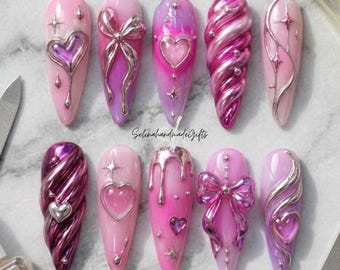 Presse avec noeud coeur rose chromé sur les ongles, faux ongles 3D étoile argentée, ensemble d'ongles faits main Coquette Y2K, cadeau Saint-Valentin mignon pour ses filles