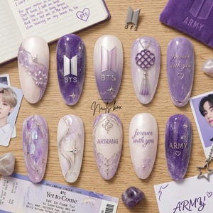 Uñas postizas BTS Arirang color lavanda, uñas moradas para conciertos KPOP, regalo para fans de Forever With You, set de almendras hecho a mano