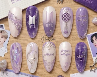 BTS Lavande Arirang à presser sur les ongles, ongles de concert violets KPOP, cadeau de fan pour toujours avec vous, ensemble d'amandes faites main