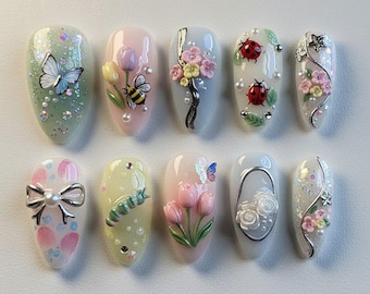 Spring Garden Press On Nails with Butterflies, Bees, Ladybugs, Tulips and Floral 3D Charms – Handmade Pastel Nature Nail Art Set