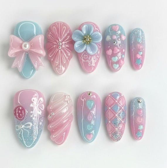 Pastel Pink Blue Press On Nails with Hearts, Bows, Flowers and Glitter – Cute Kawaii 3D Nail Art Set, Handmade Soft Aesthetic Manicure