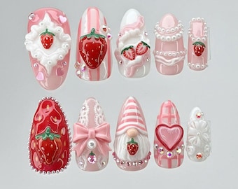 Strawberry Pink Press On Nails with 3D Bows, Hearts, Pearls and Cute Gnome – Kawaii Handmade Dessert Nail Art Set for Sweet Aesthetic Lovers