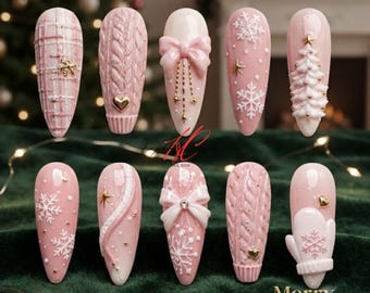 Faux ongles roses de Noël, ongles pull en maille torsadée 3D, ongles sapin flocons de neige et nœuds, ensemble d'ongles mignon pour les fêtes d'hiver et de Noël