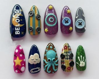 Coraline-Inspired Press On Nails | Whimsical Cartoon Stars, Spirals - Buttons | 3D Octopus & Galaxy Vibes | Funky Fantasycore Nail Art Set